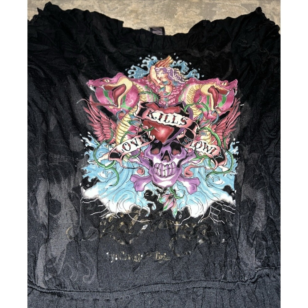 Ed Hardy‎ Shirt Women's Size Medium Elastic Waist Black Ruffle Winged Sleeves - Picture 3 of 6